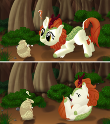 Size: 1920x2160 | Tagged: safe, artist:stellardust, derpibooru original, character:autumn blaze, species:kirin, episode:sounds of silence, g4, my little pony: friendship is magic, animal, armadillo, awwtumn blaze, behaving like an armadillo, cloven hooves, colored hooves, comic, cute, dawwww, eyes closed, featured on derpibooru, female, forest, happy, head tilt, hnnng, kirinbetes, on back, open mouth, quadrupedal, question mark, rolling, scales, silly, smiling, solo, sweet dreams fuel, weapons-grade cute