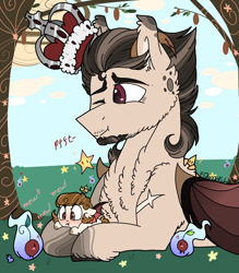 Size: 2099x2399 | Tagged: safe, artist:myfantasy08, oc, oc:equino echonnus, oc:stanley echonnus, species:demon pony, angry, bat wings, beard, blushing, cherry, chest fluff, colored wings, duo, facial hair, father and daughter, female, filly, flaming cherry, food, hoof fluff, horns, king, laughing, male, multicolored hair, multicolored wings, neck fluff, one eye closed, princess, question mark, stains, stars, succubus, tree, wings, younger
