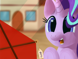 Size: 4096x3112 | Tagged: safe, artist:stellardust, derpibooru original, character:starlight glimmer, species:pony, species:unicorn, cute, female, glimmerbetes, happy, house, kite, mare, open mouth, redraw, sale, solo, that pony sure does love kites
