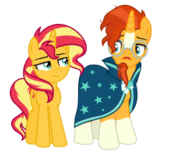 Size: 2000x1837 | Tagged: safe, artist:s-oujiisan, artist:winter-scarf, character:sunburst, character:sunset shimmer, species:pony, species:unicorn, clothing, cutie mark, facial hair, female, flat colors, goatee, male, show accurate, similarities, simple background, socks (coat marking), sunny siblings, transparent background, updated