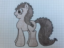 Size: 4128x3096 | Tagged: safe, artist:juani236, oc, oc only, oc:couchry desim, species:earth pony, species:pony, brown hair, brown skin, graph paper, happy, smiling, solo, traditional art, zipper