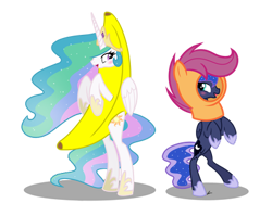 Size: 400x299 | Tagged: safe, artist:winter-scarf, character:princess celestia, character:princess luna, species:alicorn, species:pony, animal costume, banana, banana suit, bananalestia, bipedal, blushing, chicken suit, clothing, commission, costume, cute, cutelestia, female, food, im a banana, lunabetes, mare, scootaloo hat, scootaloo suit, simple background, sisters, standing, transparent background, wat