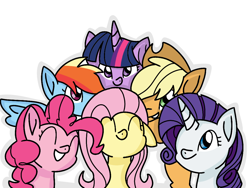 Size: 1024x768 | Tagged: safe, artist:winter-scarf, character:applejack, character:fluttershy, character:pinkie pie, character:rainbow dash, character:rarity, character:twilight sparkle, species:earth pony, species:pegasus, species:pony, species:unicorn, cute, dashabetes, diapinkes, eyes closed, female, jackabetes, mane six, mare, missing eye, raribetes, shyabetes, simple background, smiling, twiabetes, white background