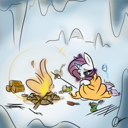 Size: 1024x1024 | Tagged: safe, artist:mrasianhappydude, character:rarity, species:pony, species:unicorn, atg 2014, blanket, bonfire, campfire, canned food, cave, female, food, freezing, glowing horn, marshmallow, solo, winter