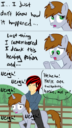 Size: 670x1190 | Tagged: safe, artist:glue123, oc, oc only, oc:blackjack, oc:littlepip, species:pony, species:unicorn, fallout equestria, comic, confused, derp, eyes closed, fanfic, female, frown, grin, horse noises, humanized, humans riding ponies, language barrier, mare, neigh, open mouth, raised hoof, riding, smiling, underhoof, walking, wavy mouth, wide eyes, worried