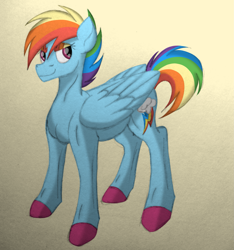 Size: 2335x2500 | Tagged: safe, artist:thr3eguess3s, character:rainbow dash, species:pegasus, species:pony, backwards cutie mark, colored hooves, female, gradient background, looking at you, simple background, solo
