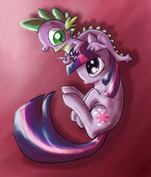 Size: 650x760 | Tagged: safe, artist:nos-talgia, character:spike, character:twilight sparkle, species:dragon, species:pony, species:unicorn, abstract background, cute, dragon hat, female, male, mama twilight, mare, on side, open mouth, smiling