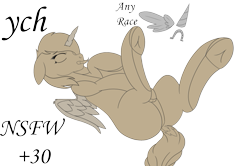 Size: 715x474 | Tagged: safe, artist:flamelight-dash, oc, oc only, species:alicorn, species:earth pony, species:pegasus, species:pony, species:unicorn, folded wings, legs in air, looking at you, on back, rubbing, ych example, your character here