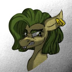 Size: 2500x2500 | Tagged: safe, artist:thr3eguess3s, oc, oc:apple core, parent:big macintosh, parent:limestone pie, parents:limemac, species:pony, bucktooth, bushy brows, bust, ear tag, eyebrows, female, mare, mixed media, offspring, snarling, solo