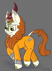 Size: 2000x2719 | Tagged: safe, artist:exvius, character:autumn blaze, species:kirin, species:pony, clothing, cuffs, green background, looking down, magic suppression, prison outfit, shackles, simple background