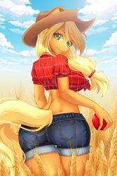 Size: 1000x1500 | Tagged: safe, artist:gyuumu, character:applejack, species:anthro, species:earth pony, species:pony, apple, applejack's hat, breasts, busty applejack, clothing, cloud, cowboy hat, cute, daisy dukes, female, food, freckles, front knot midriff, hat, hay, jackabetes, looking at you, looking back, looking back at you, mare, midriff, shorts, sky, smiling, solo, watermark