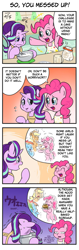 Size: 717x2283 | Tagged: safe, artist:wakyaot34, character:applejack, character:pinkie pie, character:rainbow dash, character:starlight glimmer, species:earth pony, species:pegasus, species:pony, species:unicorn, 4koma, apron, baking, bucket, clothing, comic, cooking, dialogue, japanese, nervous, speech bubble, translation, vomit
