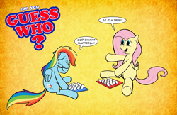 Size: 1935x1254 | Tagged: dead source, safe, artist:sir-dangereaux, character:fluttershy, character:rainbow dash, species:pegasus, species:pony, newbie artist training grounds, board game, dialogue, duo, female, game, guess who, mare, photoshop, sitting, speech bubble, vulgar