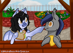 Size: 1233x906 | Tagged: safe, artist:lightningchaser13, artist:lightningchaserarts, oc, oc only, oc:echo, oc:mitzy, species:bat pony, species:pony, boop, commission, duo, food, garden, lunch, mango