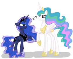 Size: 994x804 | Tagged: safe, artist:winter-scarf, character:princess celestia, character:princess luna, species:alicorn, species:pony, crown, exclamation point, female, hoof shoes, jewelry, looking at each other, mare, necklace, question mark, raised hoof, regalia, simple background, swap, transparent background