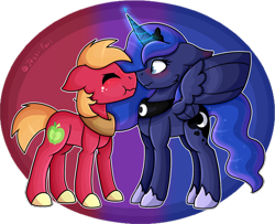 Size: 1368x1109 | Tagged: safe, artist:king-justin, character:big mcintosh, character:princess luna, species:pony, ship:lunamac, blushing, female, male, shipping, spread wings, straight, wingboner, wings