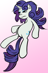 Size: 470x711 | Tagged: dead source, safe, artist:sir-dangereaux, character:rarity, species:pony, species:unicorn, newbie artist training grounds, annoyed, bed mane, female, gradient background, mare, on back, photoshop, solo
