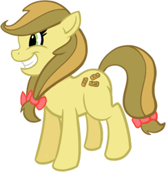 Size: 518x538 | Tagged: dead source, safe, artist:sir-dangereaux, character:apple strudely, species:earth pony, species:pony, newbie artist training grounds, apple family member, female, grin, mare, photoshop, simple background, solo, transparent background
