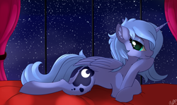 Size: 2390x1423 | Tagged: safe, artist:orangejuicerus, character:princess luna, species:alicorn, species:pony, anatomically incorrect, bed, bedroom eyes, colored pupils, curtains, ear fluff, eyeshadow, female, fluffy, incorrect leg anatomy, leg fluff, lidded eyes, looking at you, makeup, mare, missing accessory, night, prone, s1 luna, shoulder fluff, sky, solo, stars, window, wing fluff