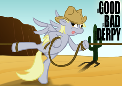 Size: 767x544 | Tagged: dead source, safe, artist:sir-dangereaux, character:derpy hooves, species:pegasus, species:pony, newbie artist training grounds, g4, cactus, clothing, female, hat, mare, parody, photoshop, rope, saguaro cactus, solo, the good the bad and the ugly, tied up, tongue out, western