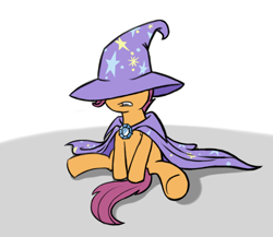 Size: 682x592 | Tagged: dead source, safe, artist:sir-dangereaux, character:scootaloo, species:pegasus, species:pony, newbie artist training grounds, g4, accessory swap, cape, clothing, cosplay, costume, female, filly, hat, sitting, solo, the great and powerful, trixie's cape, trixie's hat