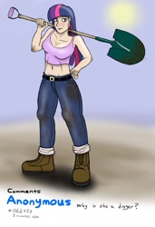 Size: 1489x2176 | Tagged: safe, artist:jarntazecht, character:twilight sparkle, species:human, belly button, clothing, comments, digger, digger twilight, female, humanized, meta, midriff, shovel, solo, tank top