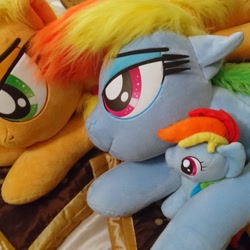 Size: 2559x2559 | Tagged: safe, artist:ponimalion, character:applejack, character:rainbow dash, species:pegasus, species:pony, bed, bedroom eyes, clothing, couch, female, freckles, hat, irl, life size, lying down, lying on bed, mare, photo, plushie, sofa bed, wings
