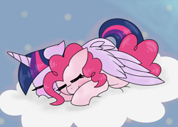 Size: 3088x2216 | Tagged: safe, artist:mississippikite, character:pinkie pie, character:twilight sparkle, character:twilight sparkle (alicorn), species:alicorn, species:earth pony, species:pony, ship:twinkie, 30 day otp challenge, cloud, cuddling, cute, diapinkes, eyes closed, female, hnnng, hug, lesbian, mare, shipping, sleeping, smiling, twiabetes, winghug