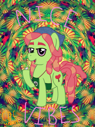 Size: 1536x2048 | Tagged: safe, artist:colorcodetheartist, character:tree hugger, species:earth pony, species:pony, apron, bandana, clothing, crossover, drugs, female, high, joint, mare, marijuana, red eyes, south park, text, towelie, trippy background