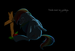 Size: 1079x741 | Tagged: dead source, safe, artist:sir-dangereaux, character:rainbow dash, species:pegasus, species:pony, newbie artist training grounds, g4, apple, black background, crying, death, female, implied applejack, mare, photoshop, sad, simple background, sitting, solo, wings