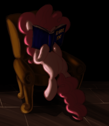 Size: 1014x1168 | Tagged: dead source, safe, artist:sir-dangereaux, character:pinkie pie, species:earth pony, species:pony, newbie artist training grounds, g4, book, chair, female, mare, photoshop, pun, reading, sitting, solo, the twilight zone, to serve man