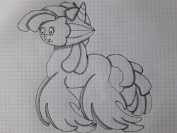 Size: 4128x3096 | Tagged: safe, artist:juani236, species:pony, black and white, graph paper, grayscale, happy, monochrome, monster pony, solo, traditional art, where is your god now?, wtf