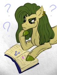Size: 1877x2493 | Tagged: safe, artist:thr3eguess3s, oc, oc:apple core, parent:big macintosh, parent:limestone pie, parents:limemac, species:earth pony, species:pony, book, eyebrows, female, mare, mixed media, offspring, question mark, solo, torn ear