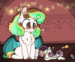 Size: 2335x1927 | Tagged: safe, artist:myfantasy08, oc, oc only, oc:aury clocking, oc:creamy echonnus, parents:oc x oc, species:pegasus, species:pony, baby, baby bottle, baby pony, bat wings, blushing, chest fluff, clothing, crown, demon, duo, female, filly, folded wings, heart, heart eyes, heterochromia, jewelry, looking at someone, multicolored hair, offspring, parent:oc:equino echonnus, parent:oc:lemony echonnus, parents:lemino, pegasus wings, regalia, small horns, smiling, species:clockwork, spread wings, stars, underwear, wingding eyes, wings