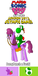 Size: 1012x2000 | Tagged: safe, artist:zefrenchm, character:berry punch, character:berryshine, species:earth pony, species:pony, crossover, dinosaur, london 2012, mario & sonic, mario & sonic at the london 2012 olympic games, mario & sonic at the olympic games, mario and sonic, mario and sonic at the olympic games, nintendo, pony ride, riding, riding a pony, super mario bros., team, yoshi