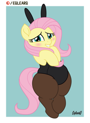 Size: 3685x5000 | Tagged: safe, artist:whistrid, character:fluttershy, species:pony, adorafatty, adorasexy, belly, bipedal, blushing, bunny ears, bunny suit, bunnyshy, chubby, chubbyshy, clothing, cute, fat, fattershy, female, grin, high res, leotard, nervous, nervous grin, pantyhose, patreon, patreon logo, sexy, shyabetes, smiling, solo, thunder thighs, wide hips