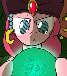 Size: 903x1024 | Tagged: safe, artist:undead-niklos, character:pinkie pie, species:pony, episode:it's about time, g4, my little pony: friendship is magic, bust, cute, diapinkes, female, gypsy pie, mystical orb of fate's destiny, no pupils, portrait, solo