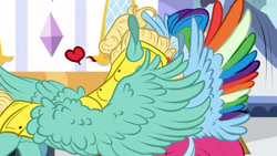 Size: 1280x720 | Tagged: safe, artist:luna dave, character:rainbow dash, character:zephyr breeze, species:pegasus, species:pony, episode:sparkle's seven, g4, my little pony: friendship is magic, colored wings, cute, female, floating heart, heart, implied kissing, male, megaradash, rainbow dash always dresses in style, royal guard armor, royal guard zephyr breeze, shipping, stallion, straight, wing fluff, zephdash