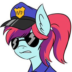 Size: 1328x1316 | Tagged: safe, artist:exvius, oc, oc:taffy swirl, species:pony, bust, ear fluff, police officer, police uniform, simple background, sunglasses, transparent background