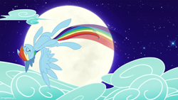 Size: 1920x1080 | Tagged: dead source, safe, artist:sir-dangereaux, character:rainbow dash, species:pegasus, species:pony, newbie artist training grounds, g4, cloud, cloudy, eyes closed, female, flying, happy, mare, moon, night, photoshop, solo, wallpaper