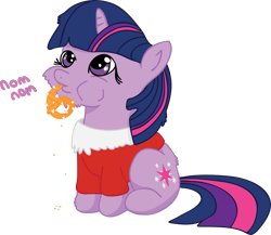 Size: 2882x2498 | Tagged: dead source, safe, artist:finalflutter, character:twilight sparkle, clothing, female, filly, pretzel, santa costume, solo, younger
