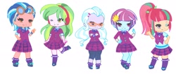 Size: 2672x1132 | Tagged: safe, artist:ocean-drop, character:indigo zap, character:lemon zest, character:sour sweet, character:sugarcoat, character:sunny flare, my little pony:equestria girls, chibi, clothing, crossed arms, crystal prep academy uniform, crystal prep shadowbolts, cute, goggles, headphones, looking at you, one eye closed, school uniform, shadow five, simple background, smiling, white background, wink