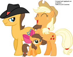 Size: 900x714 | Tagged: safe, artist:dlazerous, character:applejack, character:caramel, oc, oc:toffee, parent:applejack, parent:caramel, parents:carajack, ship:carajack, fanfic, female, hair bow, male, offspring, shipping, simple background, straight, transparent background, vector