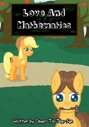 Size: 1024x1469 | Tagged: safe, artist:despisedandbeloved, character:applejack, character:caramel, species:earth pony, species:pony, ship:carajack, fancy mathematics, fanfic, fanfic art, fanfic cover, female, male, shipping, straight