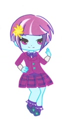 Size: 568x1132 | Tagged: safe, artist:ocean-drop, character:sunny flare, my little pony:equestria girls, adoraflare, chibi, clothing, cropped, crystal prep academy uniform, cute, female, looking at you, school uniform, simple background, smiling, solo, white background