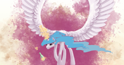 Size: 1905x1003 | Tagged: safe, artist:xxkrutoy, character:princess celestia, species:alicorn, species:pony, abstract background, bottle, female, glowing horn, magic, smiling, solo, spread wings, telekinesis, wavy mane, wings