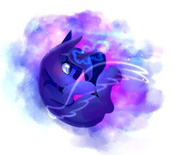 Size: 813x713 | Tagged: safe, artist:dddreamdraw, character:princess luna, species:pony, curled up, ethereal mane, ethereal wings, female, glowing horn, horn, lineless, mare, missing cutie mark, princess balluna, profile, solo, wings