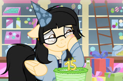 Size: 1280x846 | Tagged: safe, artist:xxmaikhanhflarexx, oc, oc:khanh, species:pegasus, species:pony, cake, clothing, female, food, glasses, hat, mare, party hat, solo