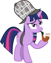 Size: 5602x6911 | Tagged: safe, artist:flizzick, character:twilight sparkle, character:twilight sparkle (unicorn), species:pony, species:unicorn, episode:mmmystery on the friendship express, g4, my little pony: friendship is magic, bubble pipe, clothing, deerstalker, detective, female, hat, hoof hold, lidded eyes, mare, pipe, quite, simple background, smiling, solo, transparent background, vector