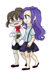 Size: 1280x1811 | Tagged: safe, artist:alexa1alexa, character:rarity, character:raven inkwell, species:human, beautiful, book, boutique, bow tie, chibi, clothing, commission, cute, duo, fashion, full body, giant head, glasses, hair bun, humanized, legs, office, pantyhose, purse, shoes, simple background, skirt, talking, transparent background